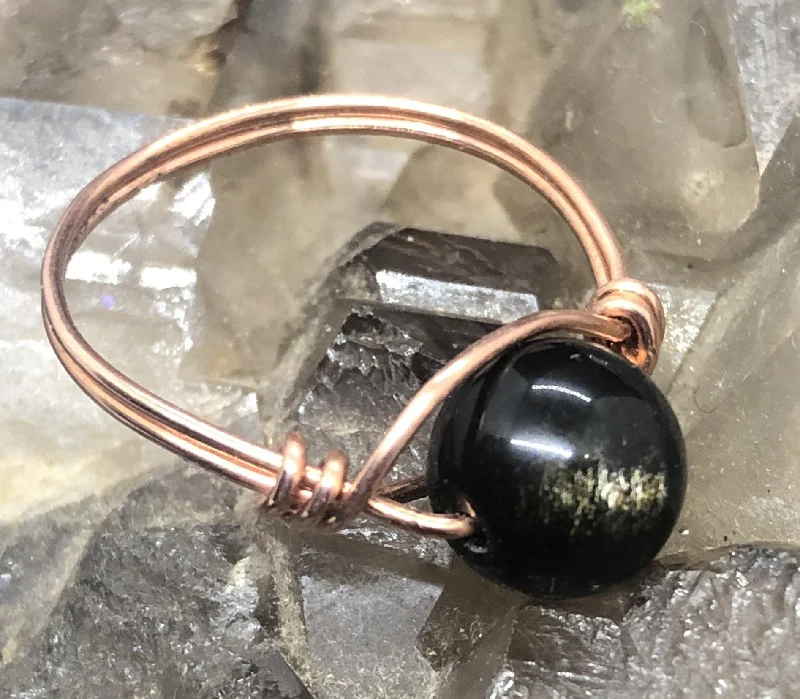 Ladies rings investment value-Black Obsidian Copper Bead Ring