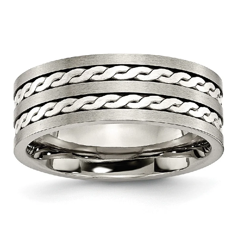 Ladies rings gold-plated-8mm Titanium & Sterling Silver Braided Inlay Flat Comfort Fit Band