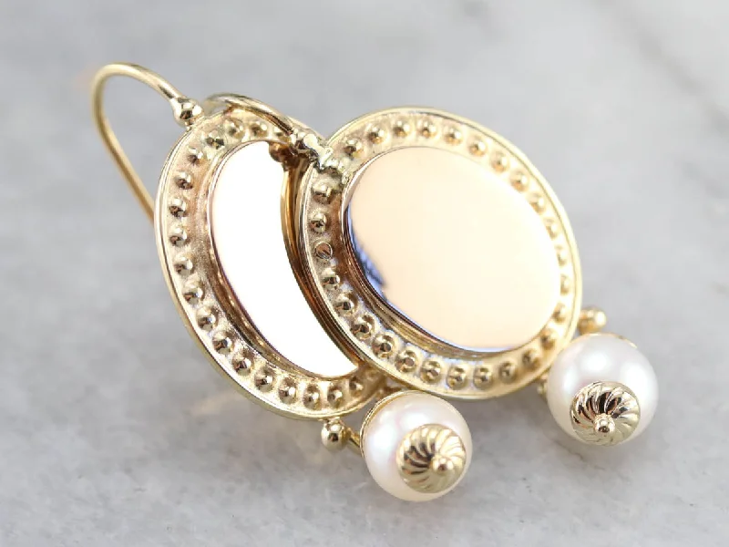 Ladies earrings engraved details-Vintage Yellow Gold and Pearl Drop Earrings