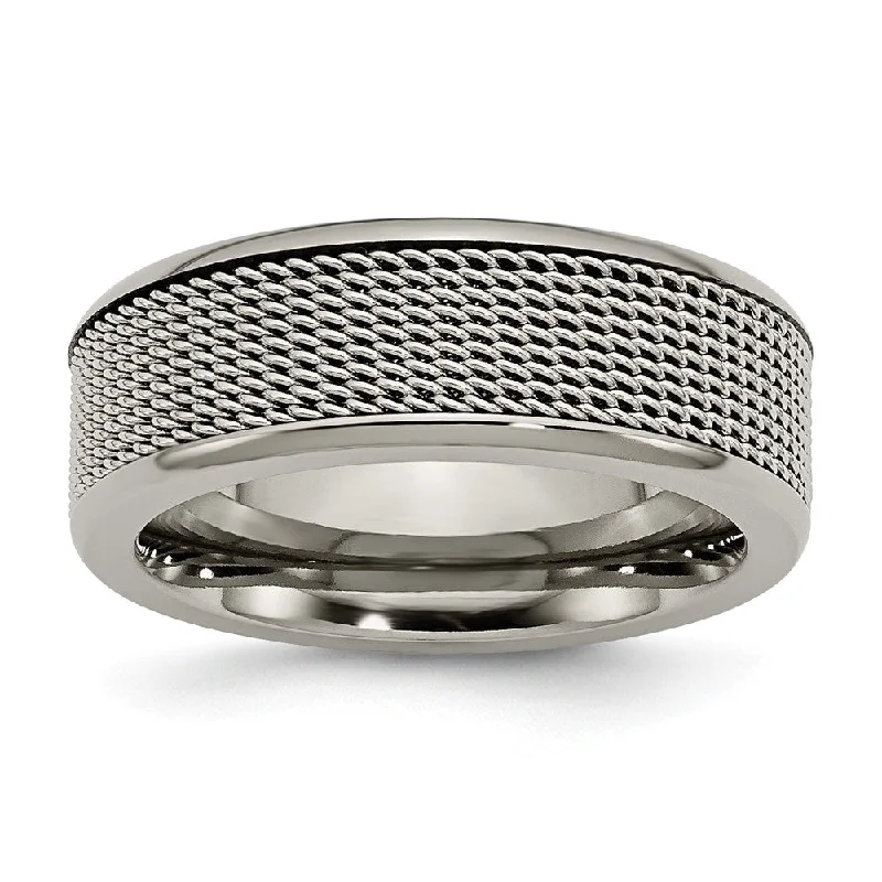 Ladies rings wedding bands-8mm Titanium and Stainless Steel Polished Mesh Band