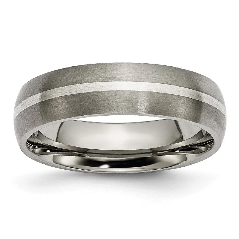 Ladies rings handmade pieces-6mm Titanium & Sterling Silver Inlay Brushed Domed Band