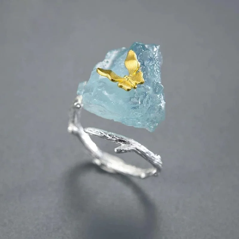 Ladies rings age suitability-Butterfly Aquamarine Stone Ring