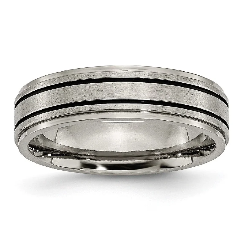 Ladies rings floral accents-6mm Titanium & Black Enamel Ridged Edge Standard Fit Band