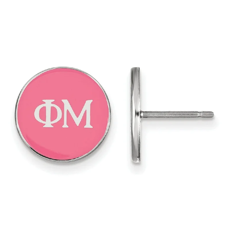 Ladies earrings elegant looks-Sterling Silver Phi Mu Pink Enamel Disc Post Earrings