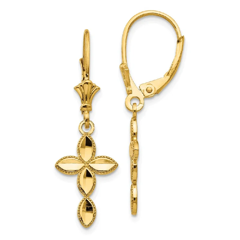 Ladies earrings light luxury-Diamond Cut & Beaded Edge Cross Lever Back Earrings in 14k Yellow Gold