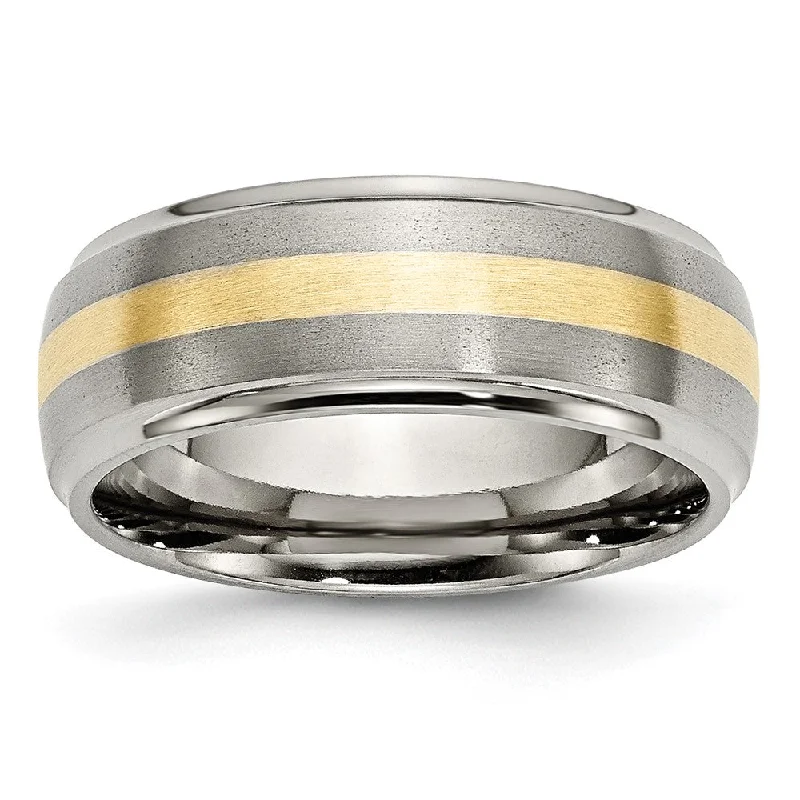 Ladies rings handmade pieces-Mens 8mm Titanium & 14k Gold Inlay Domed Ridged Edge Standard Fit Band