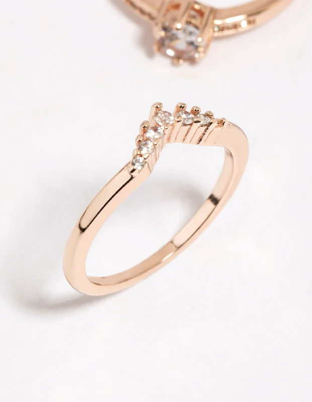 Ladies wedding rings minimalist charm-Rose Gold Plated Cubic Zirconia Engagement Style Ring Set