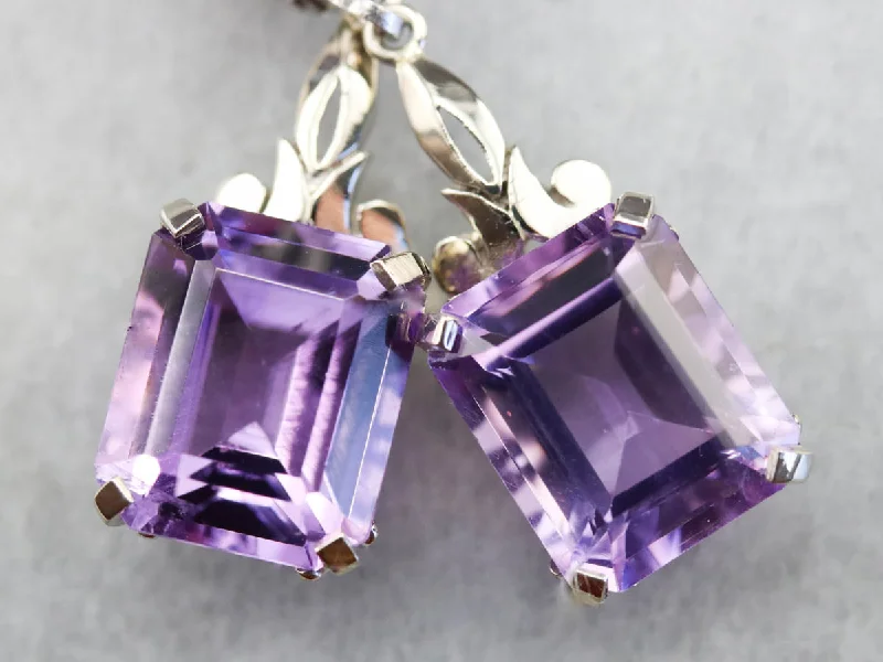 Ladies earrings holiday gifts-Amethyst White Gold Drop Earrings