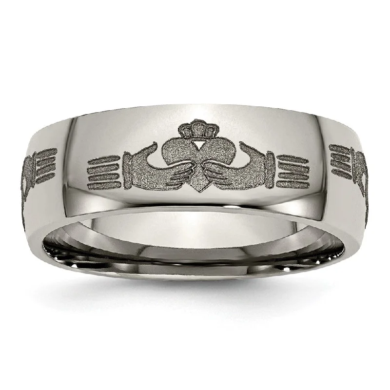 Ladies rings viral picks-8mm Titanium Etched & Polished Claddagh Domed Standard Fit Band