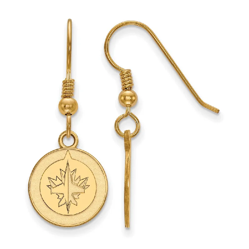 Ladies earrings lightweight picks-SS 14k Yellow Gold Plated NHL Winnipeg Jets Small Dangle Earrings