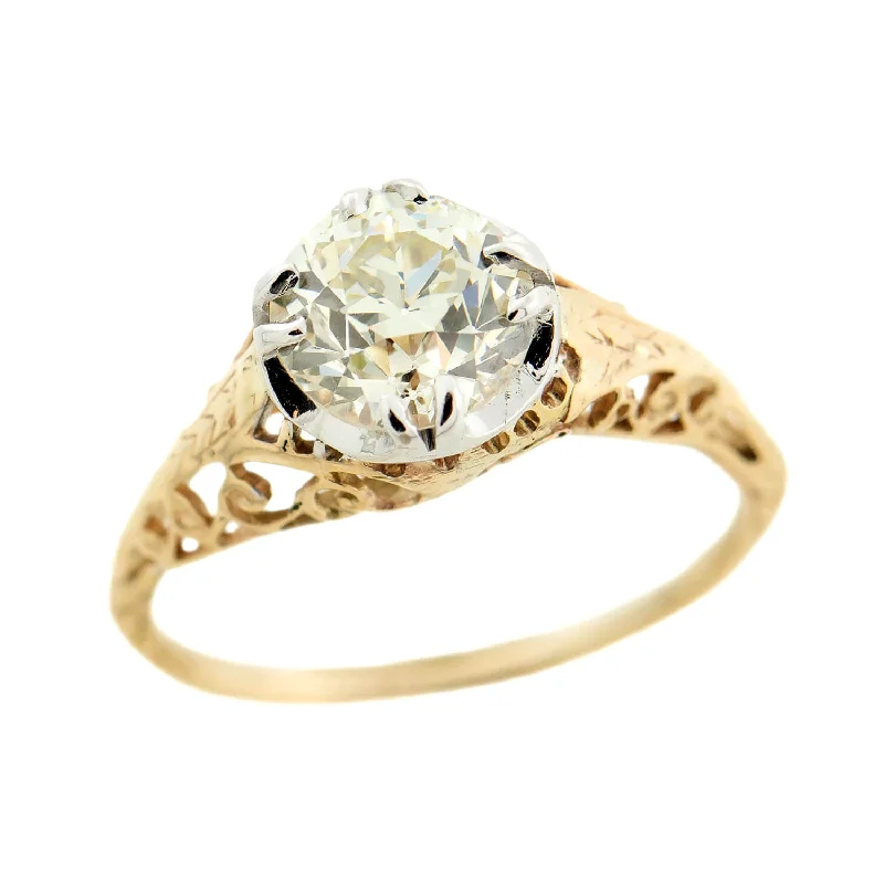 Ladies wedding rings pave settings-Edwardian 14k Mixed Metals Diamond Engagement Ring 1.57ct