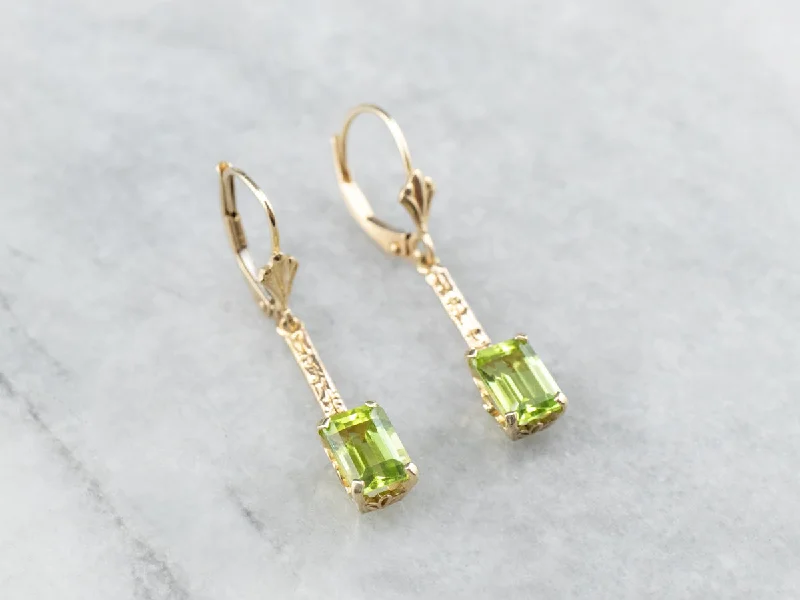 Ladies earrings cute accents-Peridot Gold Bar Drop Earrings