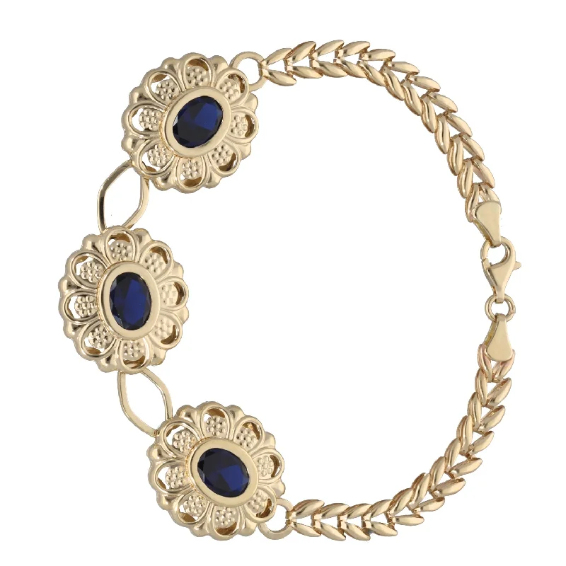 Ladies bracelets floral designs-New 14ct Gold Blue CZ Flower Bracelet