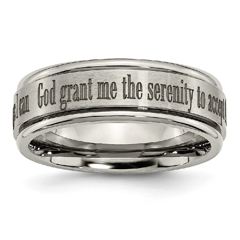 Ladies rings wedding bands-8mm Titanium Lasered Serenity Prayer Grooved Edge Standard Fit Band