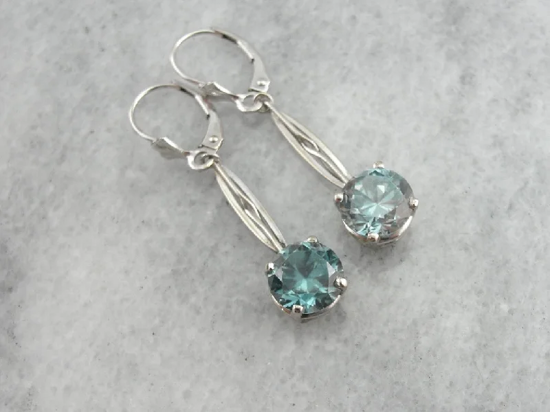 Ladies earrings Christmas designs-December Blue Zircon Birthstone Drop Earrings in White Gold, Vintage Pieces