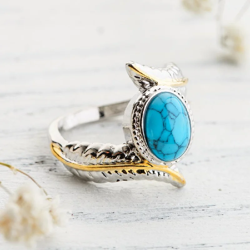 Ladies rings party wear-Feather Turquoise Crystal Ring