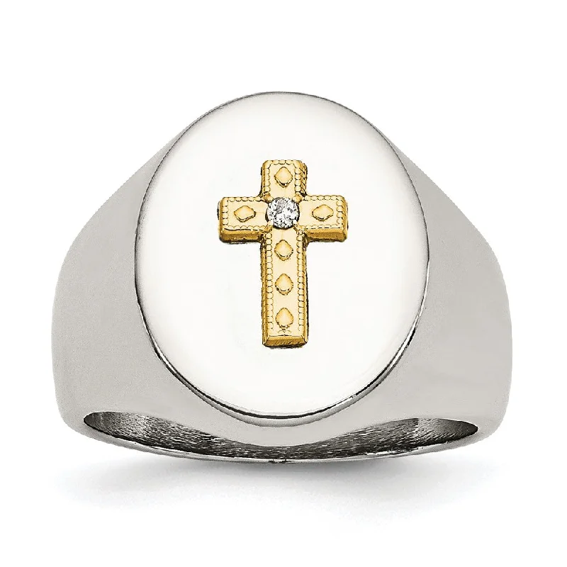 Ladies rings stylish trends-17mm Stainless Steel 10KYG Plated Cross & .02ct Diamond Tapered Ring