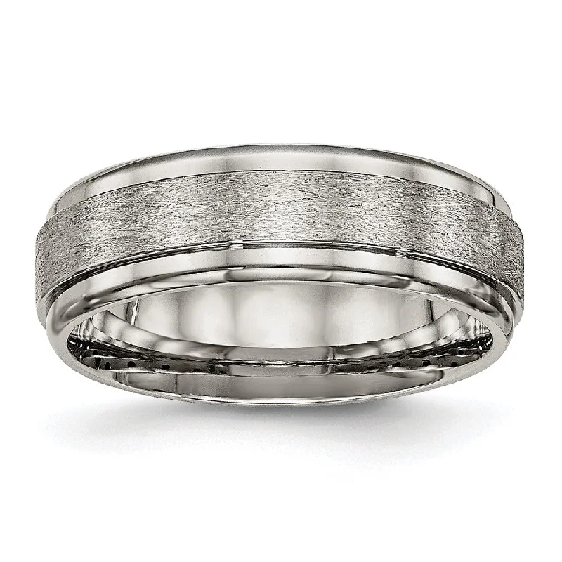 Ladies rings sister sets-7mm Titanium Brushed Flat Ridged Edge Comfort Fit Band