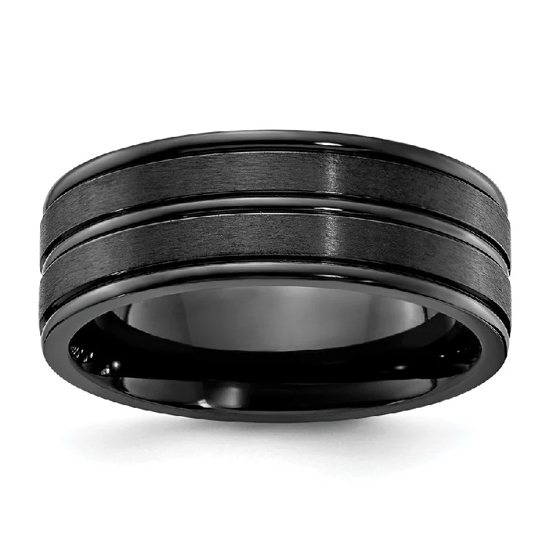 Ladies rings engraved names-8mm Black Plated Titanium Brushed & Polished Standard Fit Band