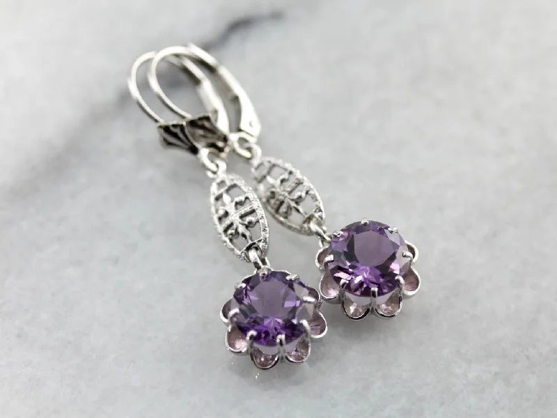 Ladies earrings intricate patterns-Bright Amethyst Drop Earrings with Simple Filigree Accents in White Gold