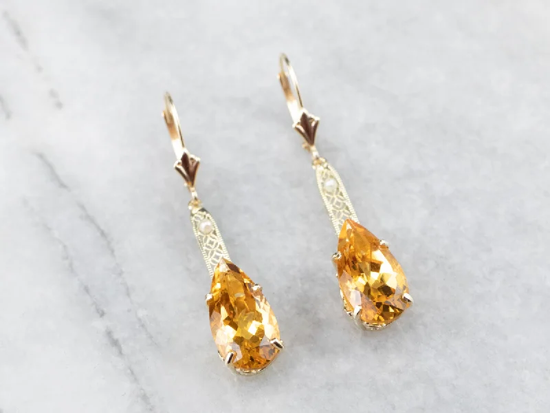 Ladies earrings sentimental value-Pear Cut Citrine Gold Filigree Bar Drop Earrings