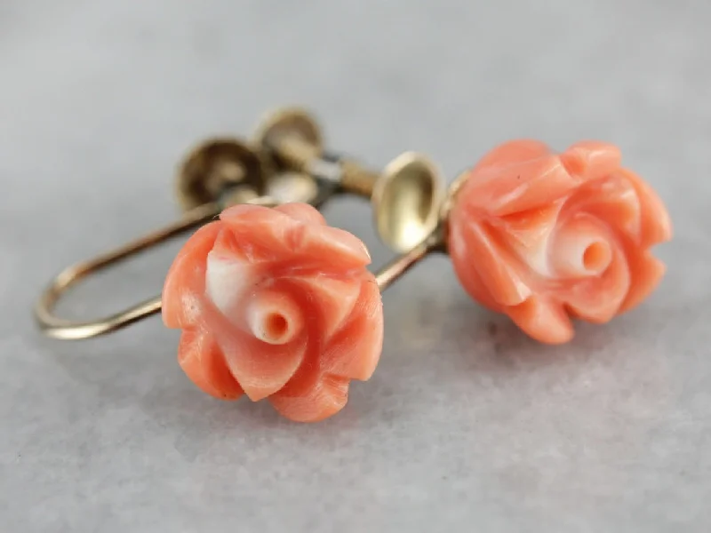 Ladies earrings animal designs-Vintage Carved Coral Rose Earrings