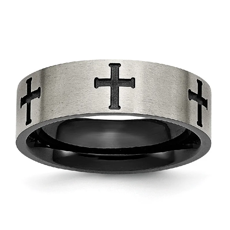 Ladies rings sentimental value-7mm Titanium Brushed & Black Plated Cross Standard Fit Band