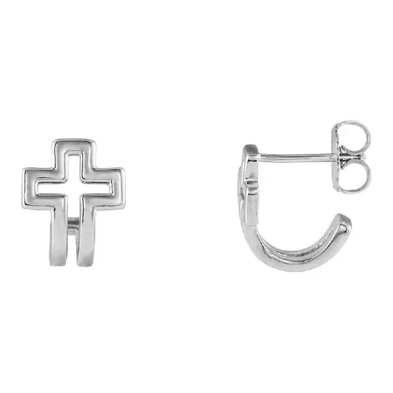 Ladies earrings dangle trends-9 x 11mm (3/8 x 7/16 Inch) Platinum Voided Cross J-Hoop Earrings