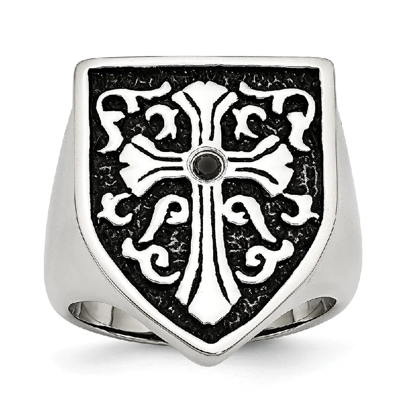 Ladies rings best brands-Stainless Steel And Black Diamond Cross Shield Ring