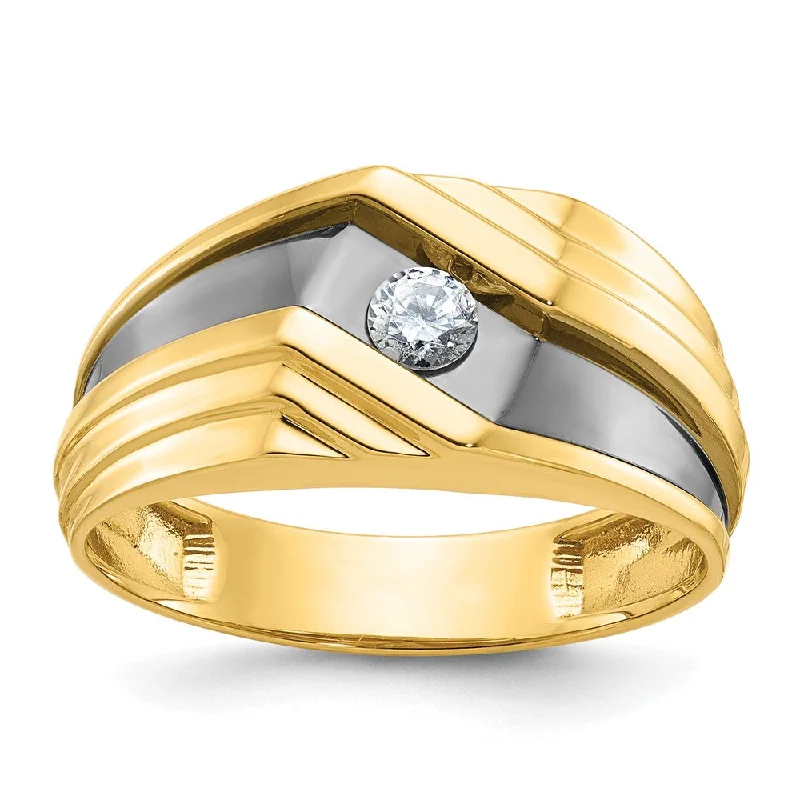 Ladies rings luxurious designs-Mens 10.25mm 10K Yellow Gold Black Rhodium 1/6 Ct Diamond Tapered Band