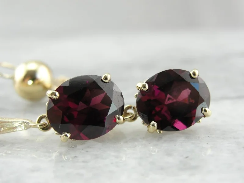 Ladies earrings ethnic patterns-Grape Garnet and Antique Etched Gold Bar: Drop Earrings