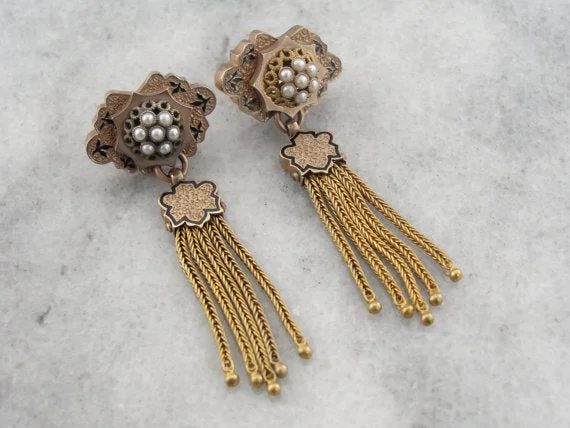 Ladies earrings minimalist trends-Exceptional Victorian Tassel Earrings, Rose Gold, Pearls & Enamel. Pierced