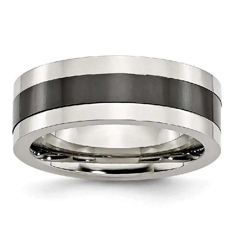 Ladies rings custom designs-8mm Polished Stainless Steel and Black Ceramic Flat Band