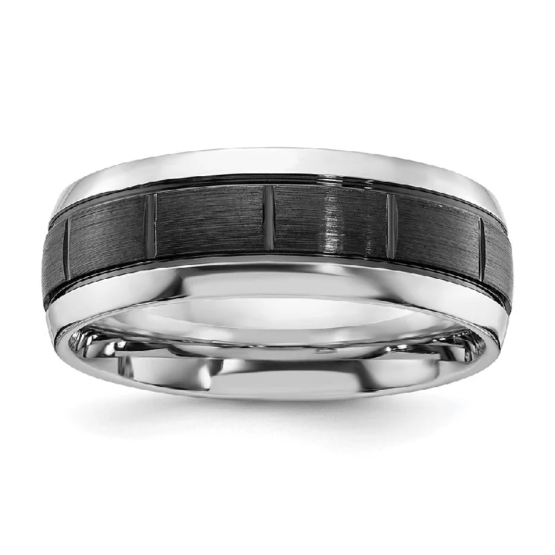 Ladies rings natural stones-8mm Cobalt Black Plated Brushed Grooved Center Standard Fit Band