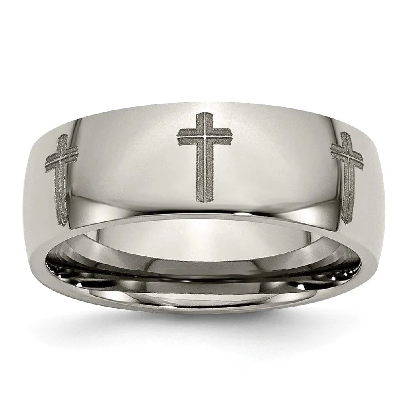 Ladies rings ring finger-8mm Titanium Etched & Polished Cross Domed Standard Fit Band