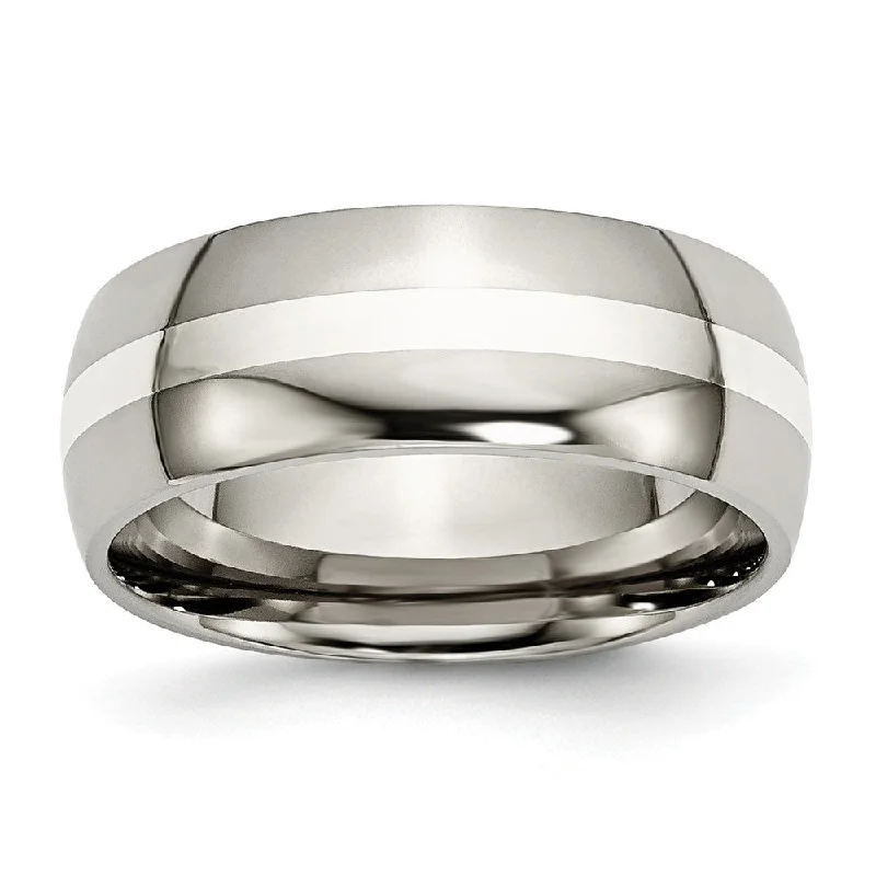 Ladies rings 2025 trends-Titanium & Sterling Silver Inlay, 8mm Polished Domed Standard Fit Band