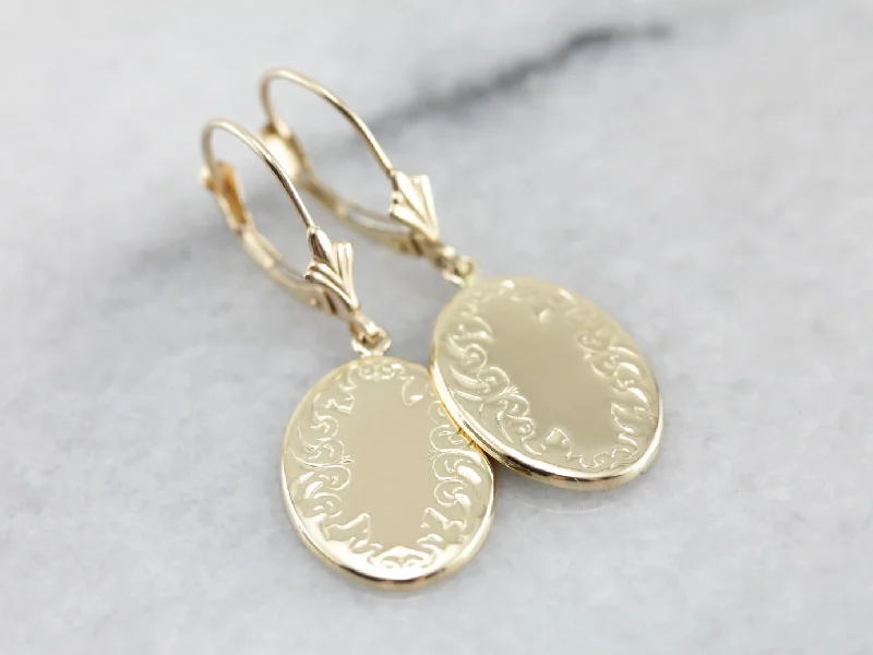 Ladies earrings white gold-Engraved Oval Converted Cufflink Drop Earrings