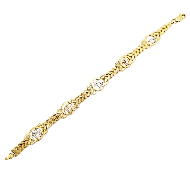 Ladies bracelets wedding wear-Tricolor 15 Quinceñeara Leaf Fancy Bracelet (14K)