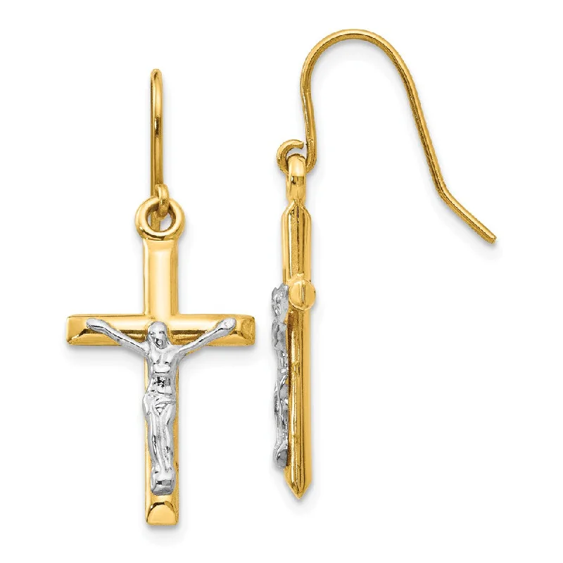 Ladies earrings stud styles-3D Hollow Crucifix Dangle Earrings in 14k Two Tone Gold