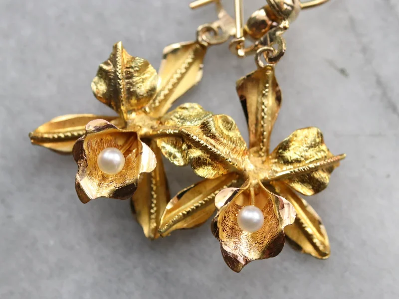 Ladies earrings viral picks-Gold Pearl Orchid Drop Earrings