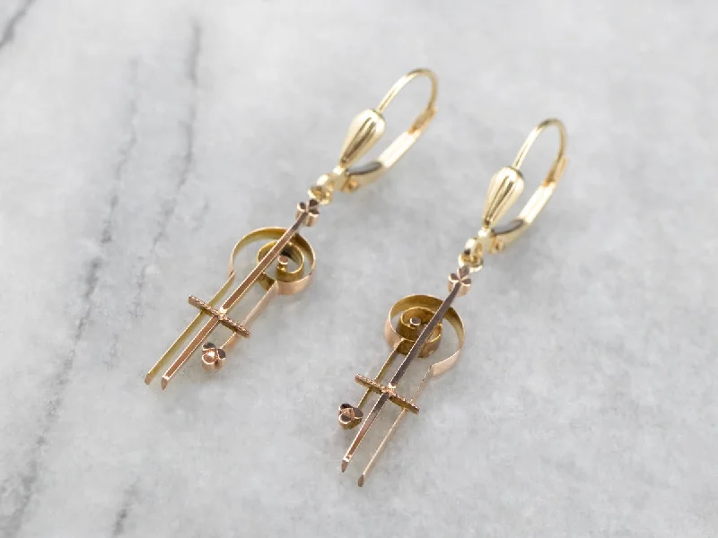 Ladies earrings worldwide appeal-Scrolling Two Tone Gold Drop Earrings