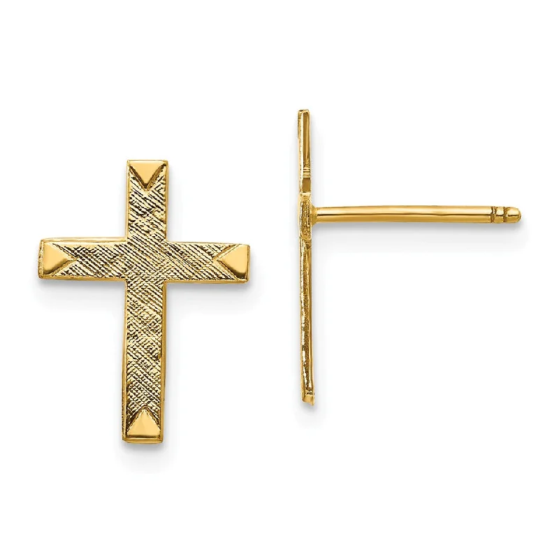 Ladies earrings trending designs-13mm Brushed Finish Cross Post Earrings in 14k Yellow Gold