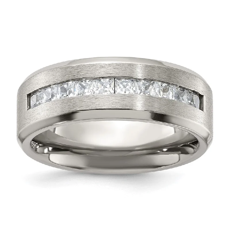 Ladies rings customer feedback-8mm Titanium & CZ Brushed & Polished Beveled Standard Fit Band