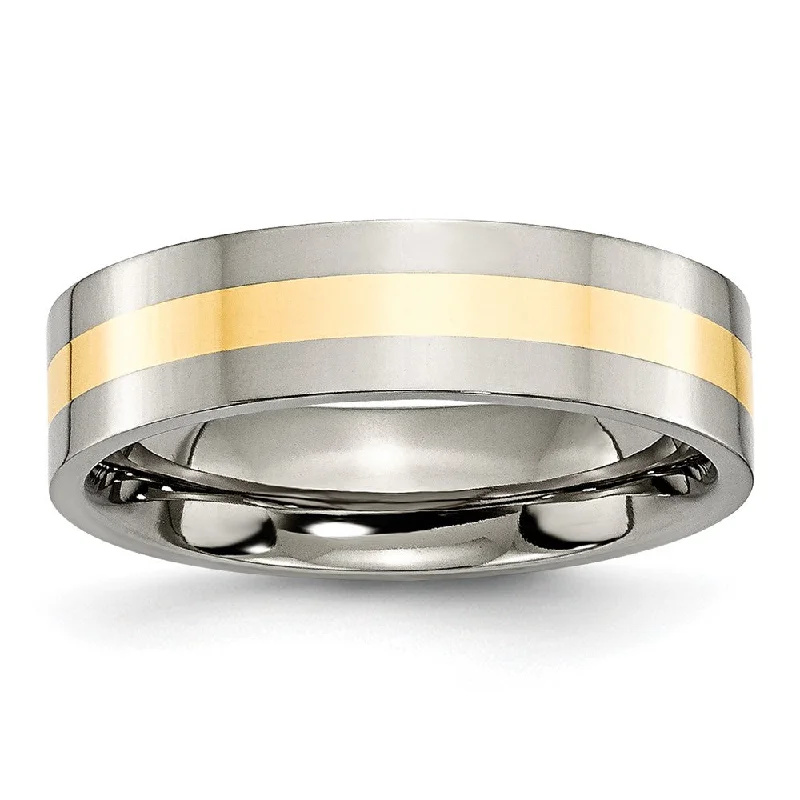 Ladies rings Valentine’s Day-6mm Titanium & 14k Gold Inlay Flat Polished Standard Fit Band