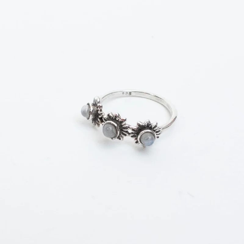 Ladies rings custom designs-Silver 3 Flower Band with Moonstone