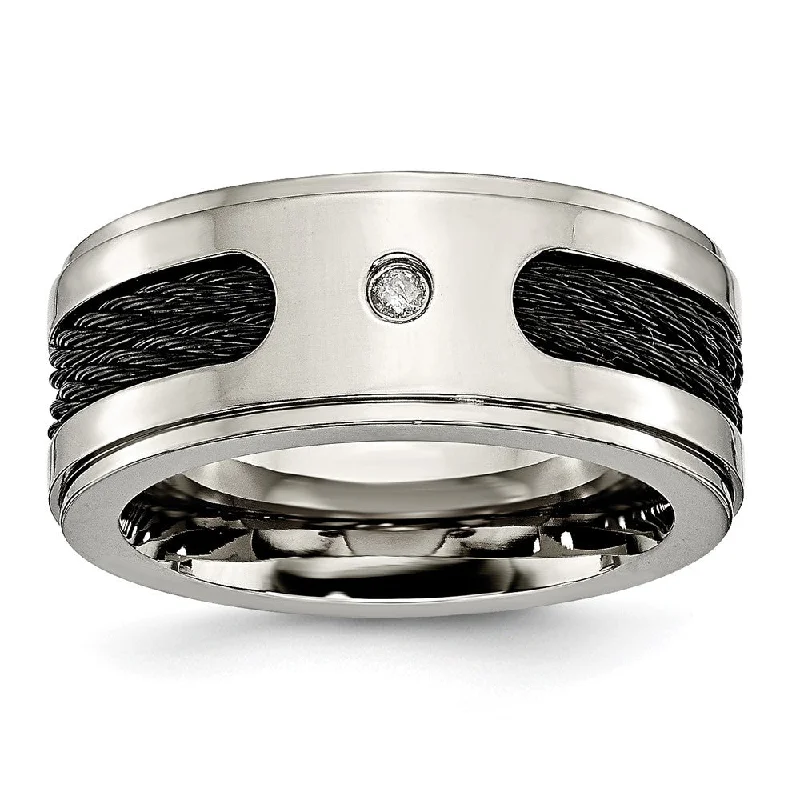 Ladies rings worldwide styles-10mm Titanium Black Plated Cables 1/20ct Diamond Standard Fit Band