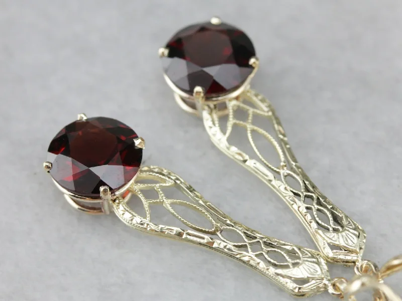 Ladies earrings gothic appeal-Garnet Filigree Drop Earrings