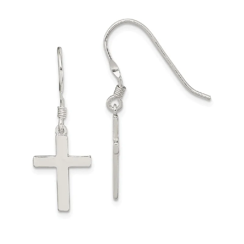 Ladies earrings dangle trends-15mm Polished Cross Dangle Earrings in Sterling Silver