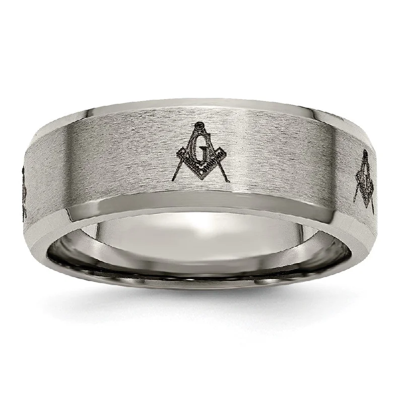 Ladies rings lightweight feel-8mm Titanium Laser Etched Masonic Beveled Standard Fit Band