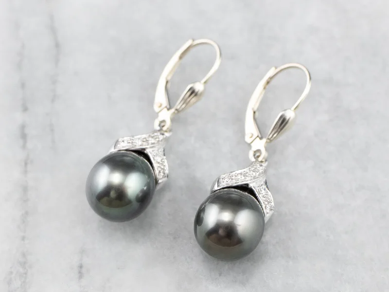 Ladies earrings Mother’s Day-Grey Pearl Diamond White Gold Drop Earrings